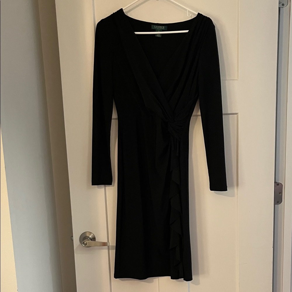 Lauren Ralph Lauren Black Long Sleeve Wrap-Style Dress with Side Knot